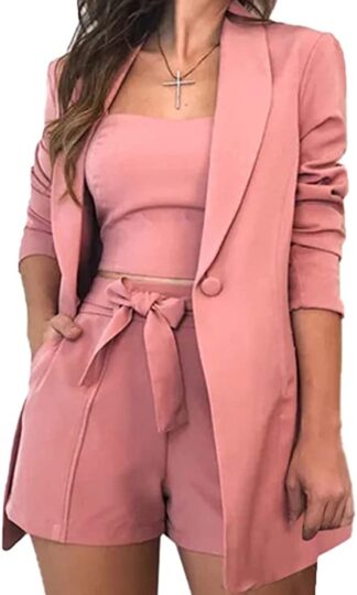 3 Piece Blazer Sets for Women Open Front Button Blazer + Crop Tops + Shorts Bottoms with Belt Business Suit Sets