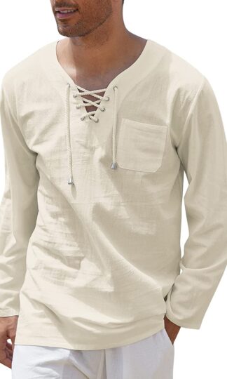 Mens Cotton Linen Shirts Lace Up Casual Beach Hippie Tee Shirts V Neck