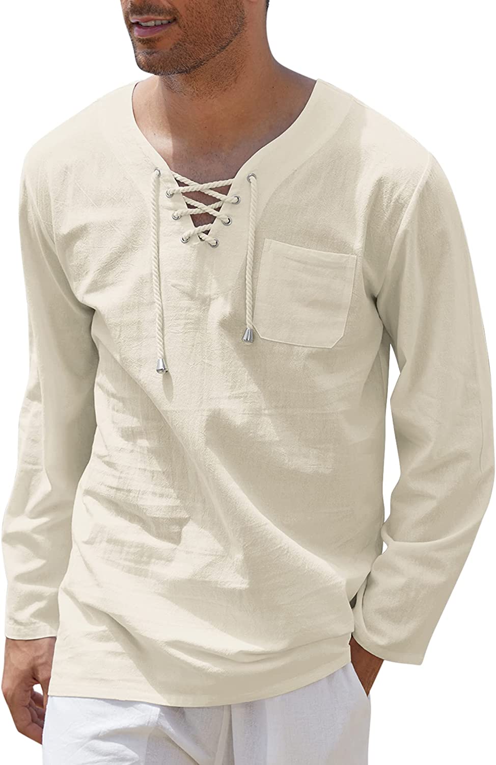 Mens Cotton Linen Shirts Lace Up Casual Beach Hippie Tee Shirts V Neck