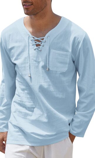 Mens Cotton Linen Shirts Lace Up Casual Beach Hippie Tee Shirts V Neck