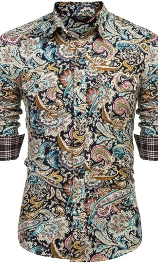 Men's Floral Dress Shirt Slim Fit Casual Paisley Printed Shirt Long Sleeve Button Down Shirts