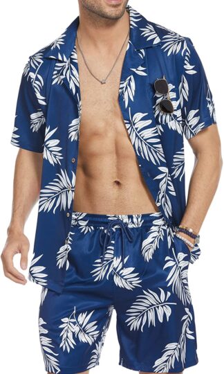 Men's Hawaiian Sets Casual Button Down 2 Piece Suit Floral Pattern Printed Summer Shirt for Vacation