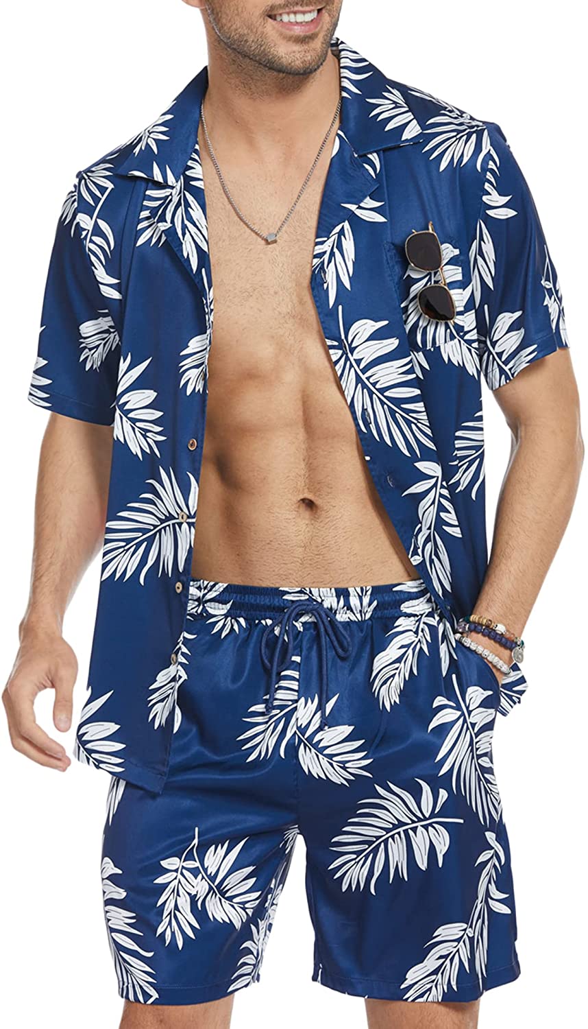 Men's Hawaiian Sets Casual Button Down 2 Piece Suit Floral Pattern Printed Summer Shirt for Vacation