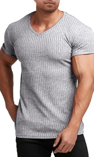 Men's Muscle T Shirts Stretch Short Sleeve V Neck Bodybuilding Workout Tee Shirts