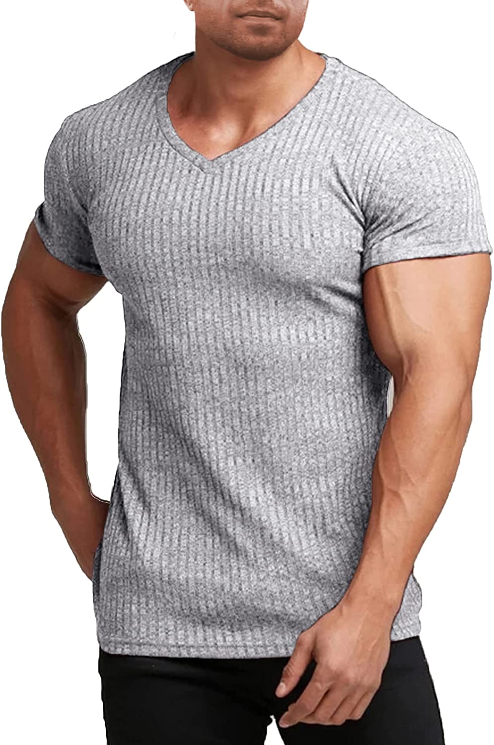 Men's Muscle T Shirts Stretch Short Sleeve V Neck Bodybuilding Workout Tee Shirts