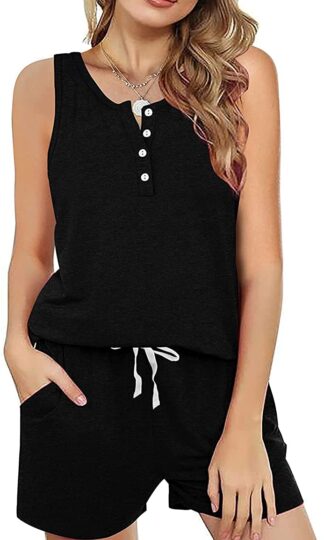 Two Piece Outfits for Women Button Henley Tank Short Set with Pockets