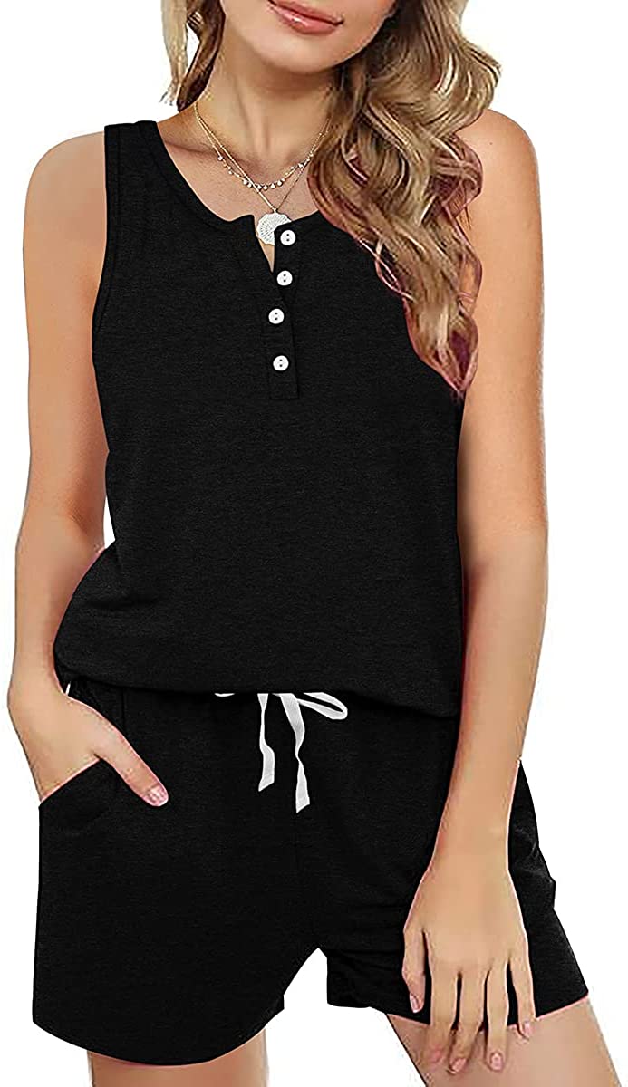 Two Piece Outfits for Women Button Henley Tank Short Set with Pockets