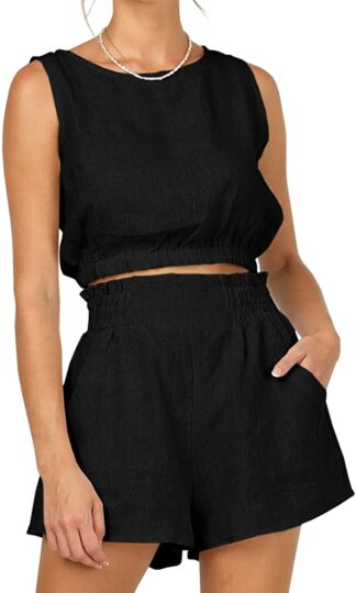 Women's 2 Piece Outfits Sleeveless Crop Tank Top and High Waist Pocketed Shorts Loose Summer 2pcs Short Sets