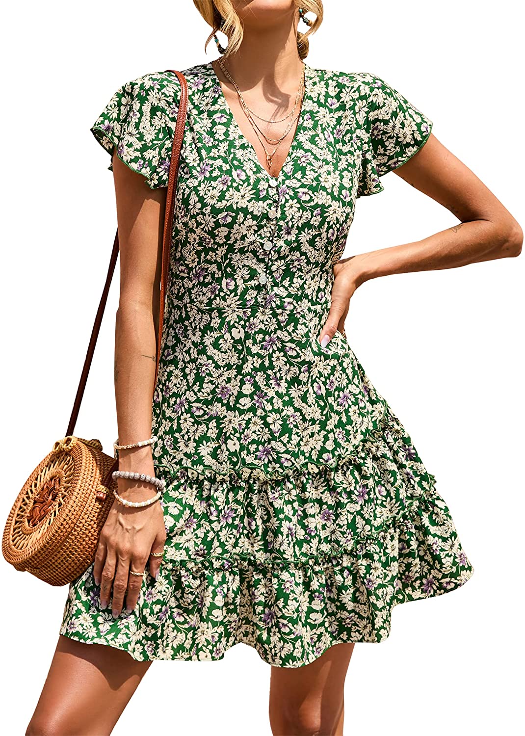 KIRUNDO Women’s Summer Hot Short Sleeve V-Neck High Waist Floral Print Mini Boho Sun Dress with Button