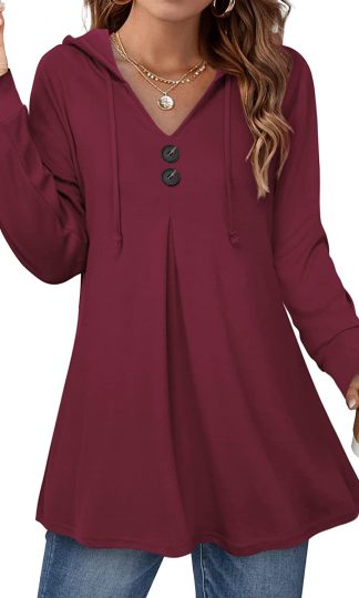 Women's Long Sleeve Hooded Tunic Tops Button Swing Pullover Hoodie Sweatshirts
