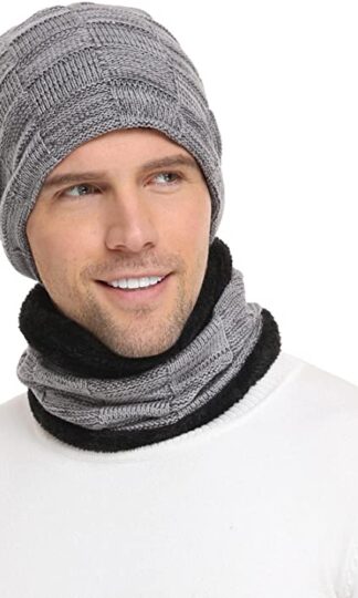 Mens Winter Beanie Hats Scarf Set Warm Knit Hats Skull Cap Neck Warmer with Thick Fleece Lined Winter Hat and Scarf for Women
