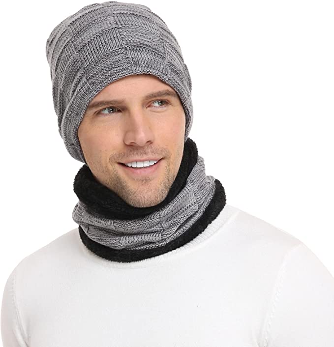 Mens Winter Beanie Hats Scarf Set Warm Knit Hats Skull Cap Neck Warmer with Thick Fleece Lined Winter Hat and Scarf for Women