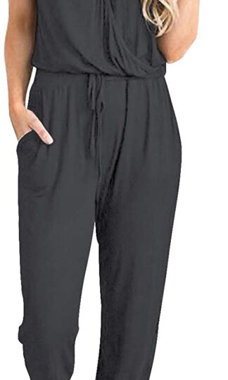 Women's Summer Casual Deep V Neck Short Sleeve Wrap Drawstring Waist Jumpsuit Romper