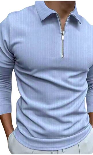 Zipper Polo Shirts for Mens, Fall Striped Slim Fit Long Sleeve T Shirt Zip Neck Business Casual Tops for Work Wear