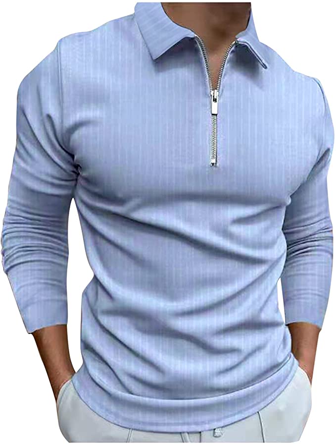 Zipper Polo Shirts for Mens, Fall Striped Slim Fit Long Sleeve T Shirt Zip Neck Business Casual Tops for Work Wear