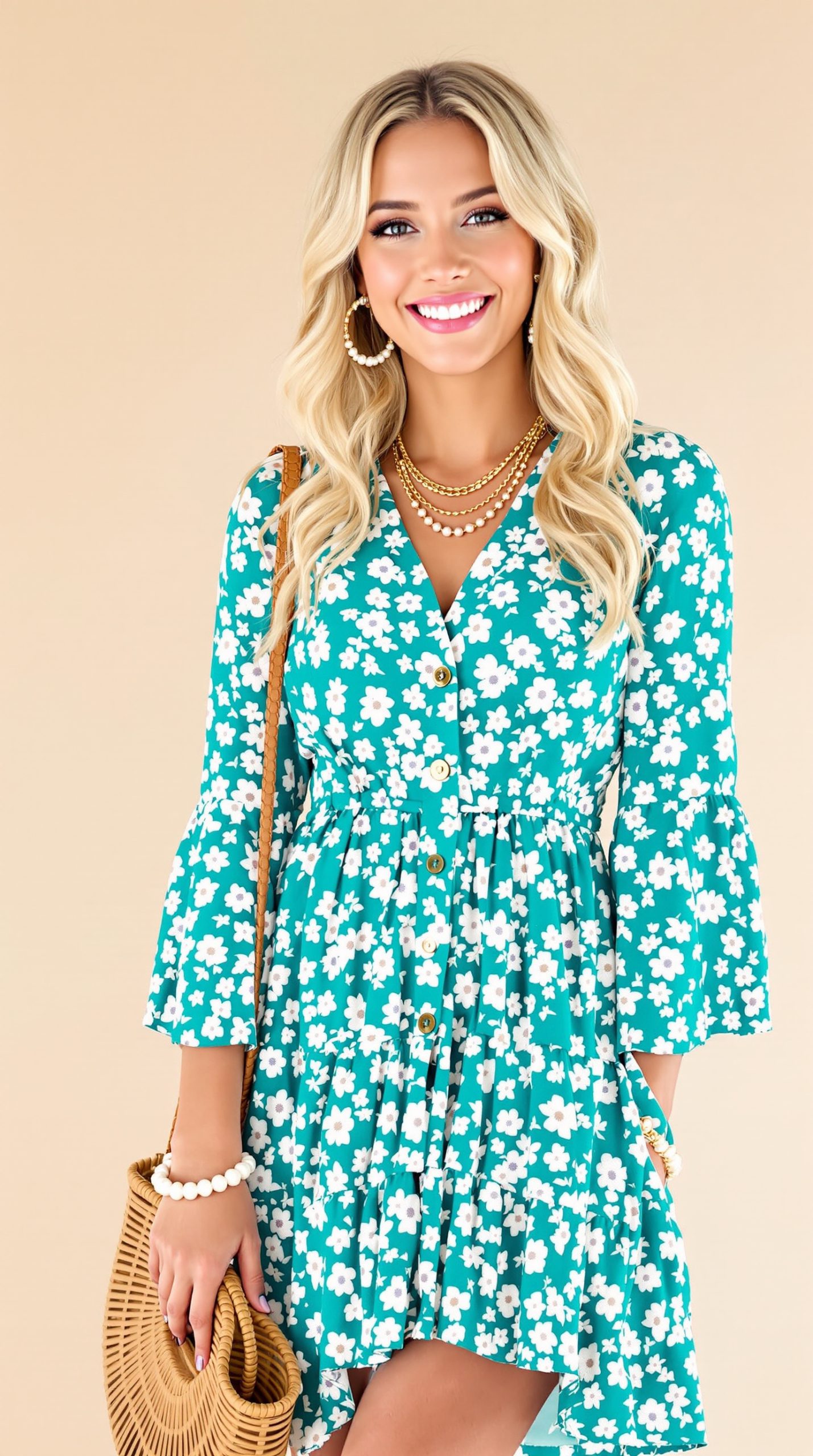 KIRUNDO Women’s Summer Hot Short Sleeve V-Neck High Waist Floral Print Mini Boho Sun Dress with Button - Image 3