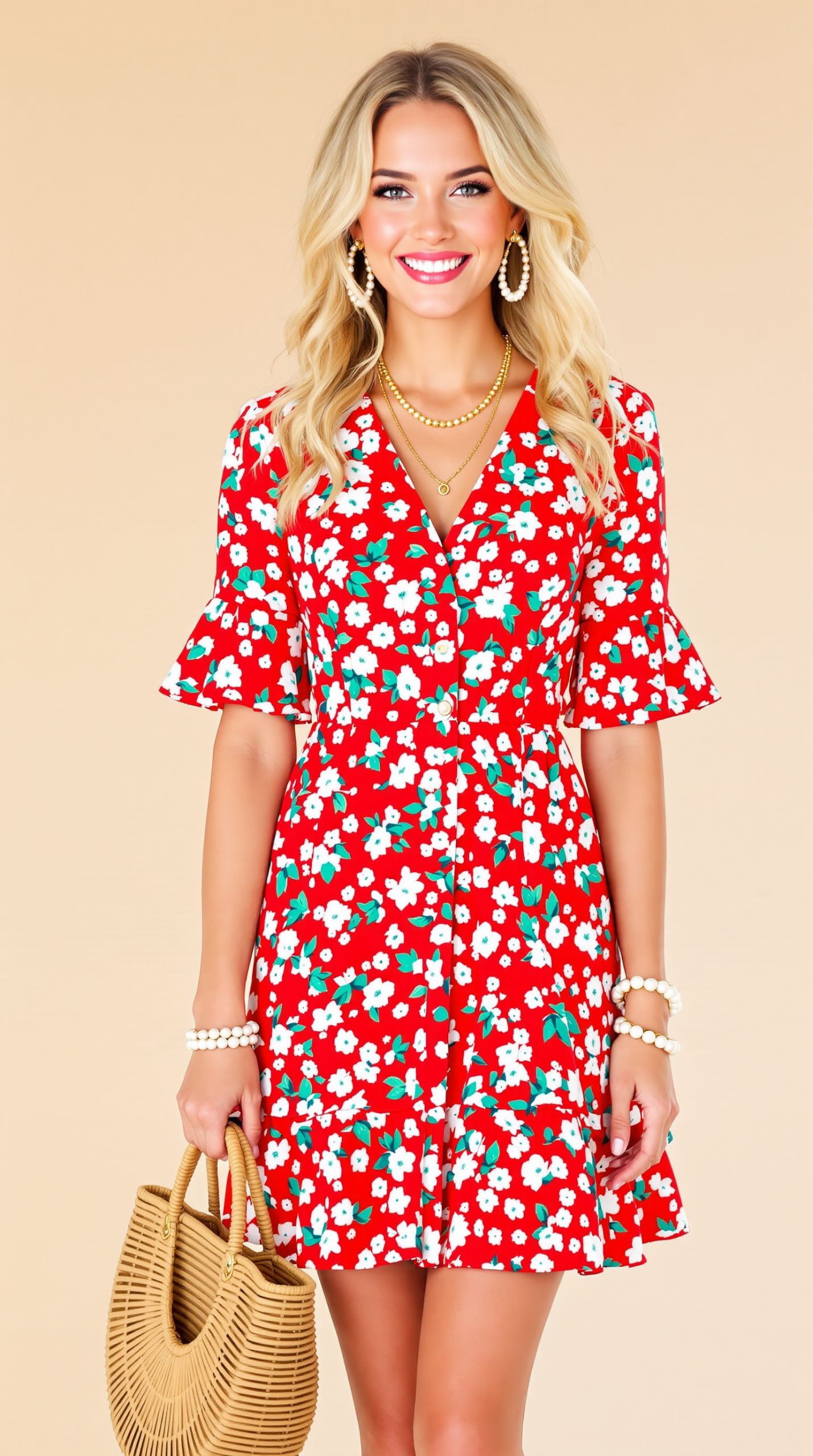 KIRUNDO Women’s Summer Hot Short Sleeve V-Neck High Waist Floral Print Mini Boho Sun Dress with Button - Image 4