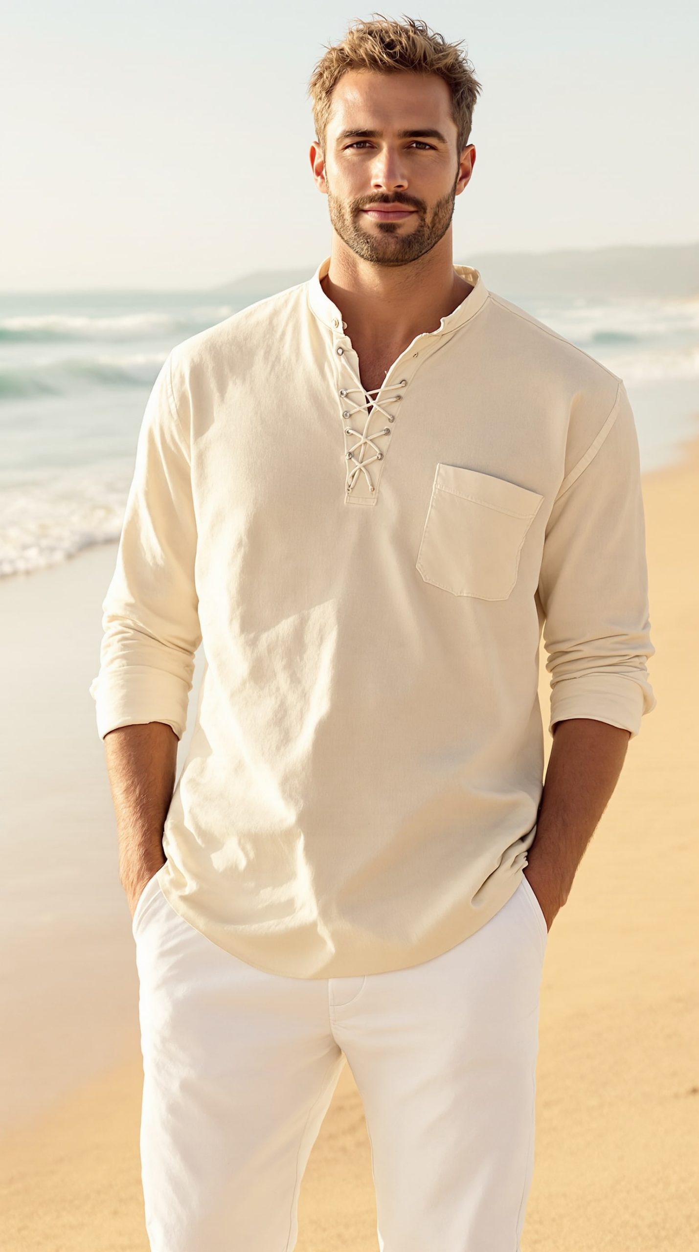 Mens Cotton Linen Shirts Lace Up Casual Beach Hippie Tee Shirts V Neck - Image 2