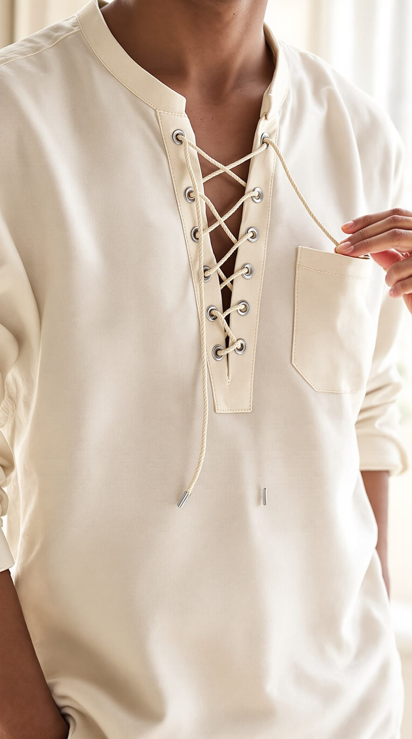 Mens Cotton Linen Shirts Lace Up Casual Beach Hippie Tee Shirts V Neck - Image 4