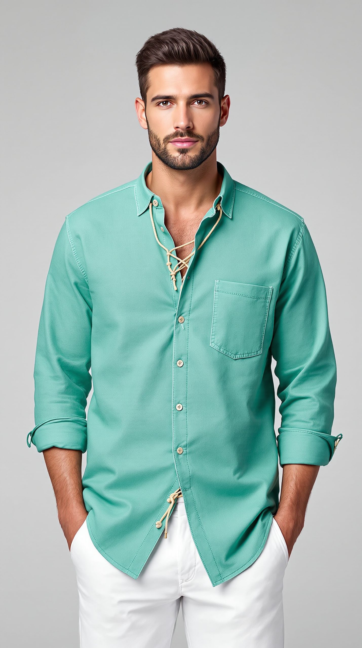 Mens Cotton Linen Shirts Lace Up Casual Beach Hippie Tee Shirts V Neck - Image 5