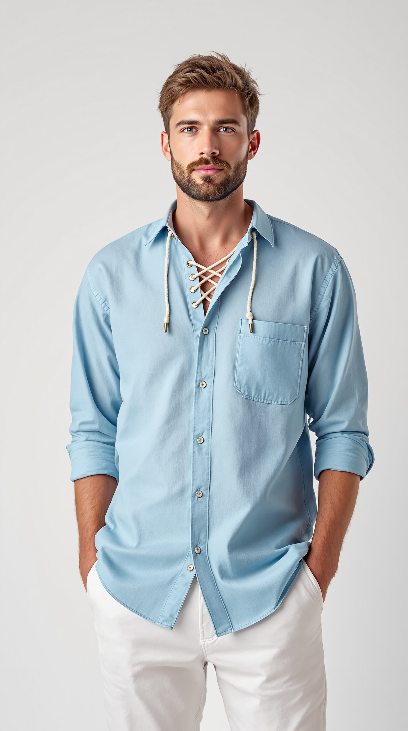 Mens Cotton Linen Shirts Lace Up Casual Beach Hippie Tee Shirts V Neck - Image 3