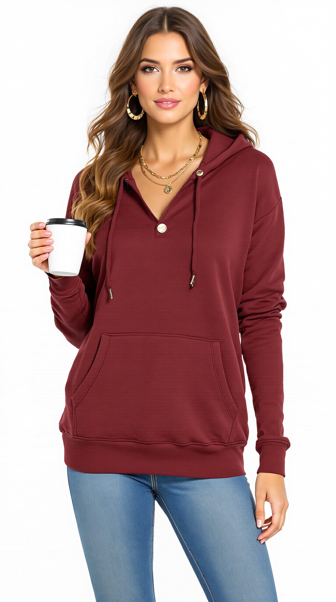 Women's Long Sleeve Hooded Tunic Tops Button Swing Pullover Hoodie Sweatshirts - Image 5