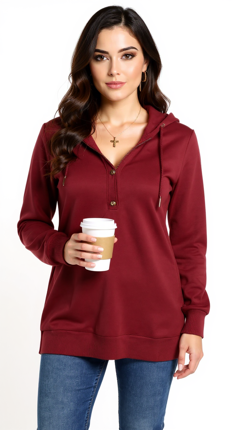 Women's Long Sleeve Hooded Tunic Tops Button Swing Pullover Hoodie Sweatshirts - Image 2