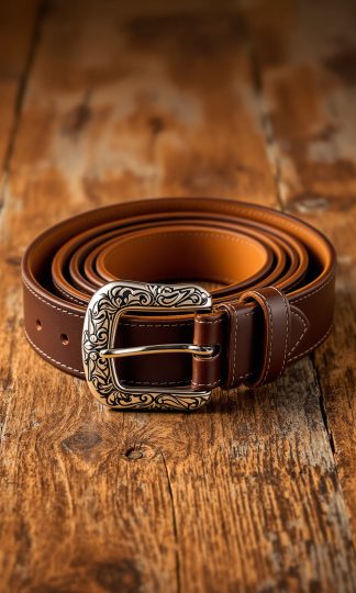 Classic Brown Leather Belt with Silver Western Buckle for Men
