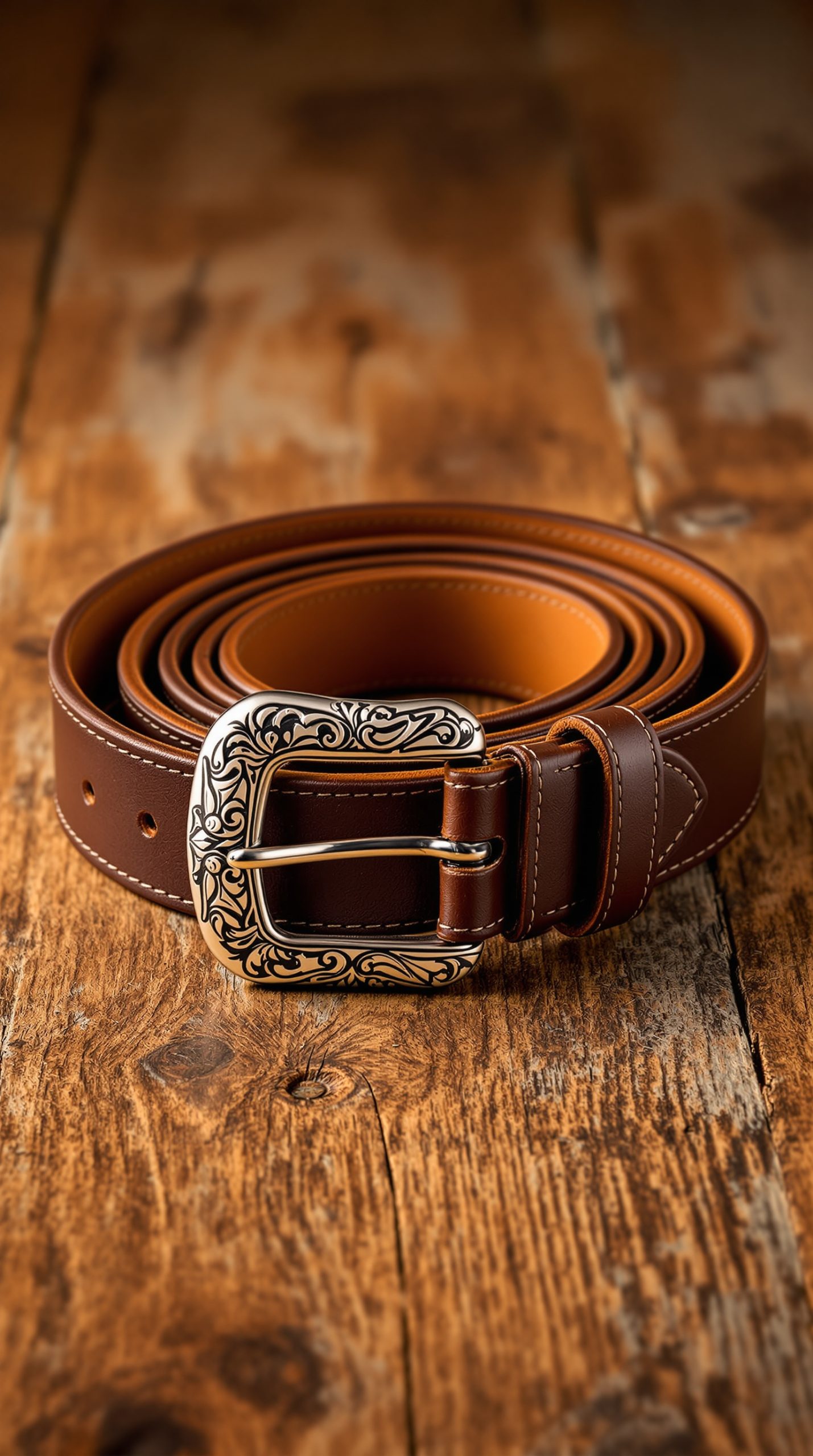 Classic Brown Leather Belt with Silver Western Buckle for Men